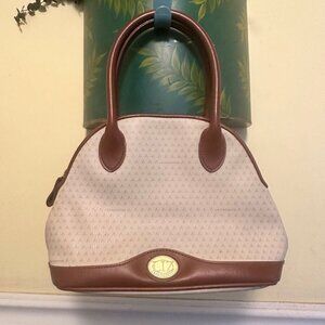 Liz Claiborne Vintage 90s Handbag Cream Brown Leather logo print rare